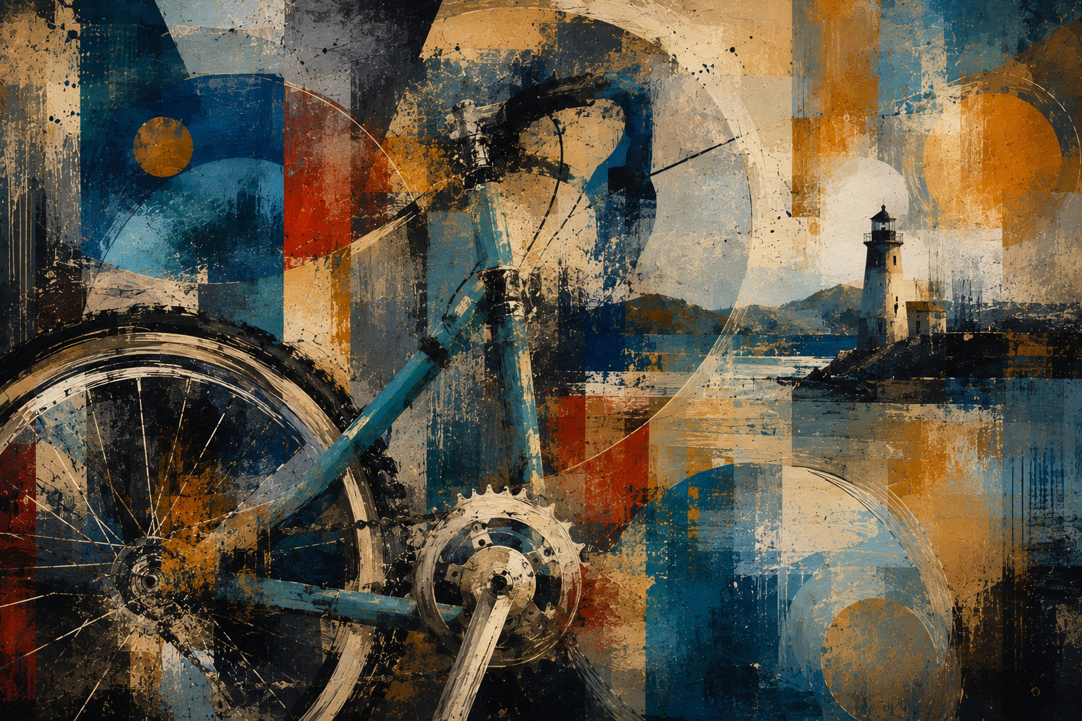 Composition abstraite évoquant des roues réparées, un nouvel élan et la renaissance du voyage à Halifax.
