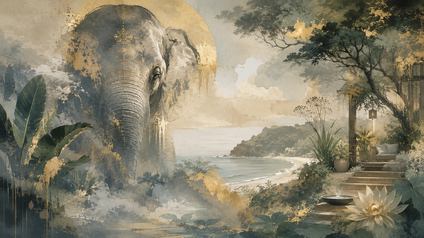 Composition abstraite évoquant la silhouette d’un éléphant, un refuge sacré et l’horizon de Gisborne.

