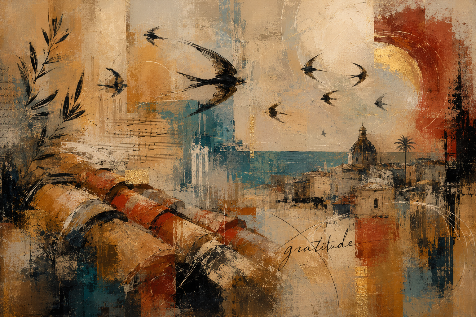 Composition abstraite évoquant des oiseaux, des tuiles chaudes et un mouvement de gratitude à Gela.