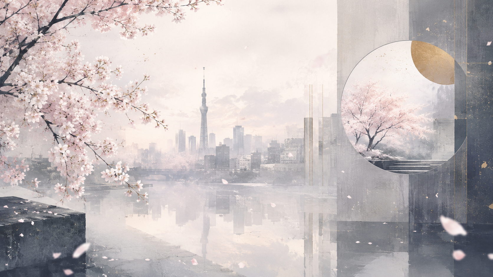 Composition abstraite évoquant un printemps suspendu, des voiles de silence et l’atmosphère de Tokyo.