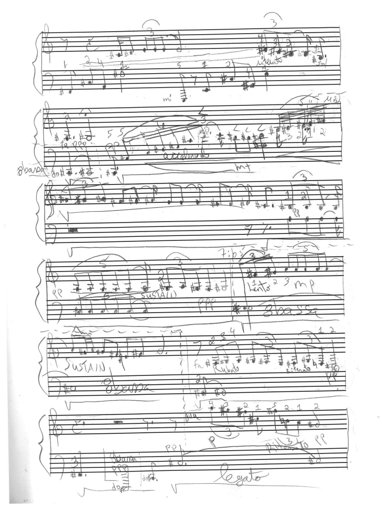 Extrait manuscrit de la partition de Oriental Whispers de Sébastien Dubois.