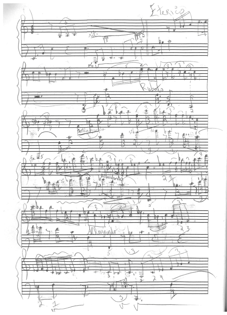 Page manuscrite de la partition de Turquoise de Sébastien Dubois, présentant des lignes de piano, des annotations expressives et des transformations harmoniques.