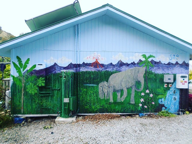 Mur extérieur d’une maison peint en jungle imaginaire avec éléphants, végétation tropicale, montagnes et volcan.
