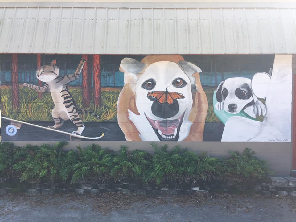 Fresque de l’Owen’s Animal Hospital montrant un chien, un chat, un papillon et un petit animal dans un décor naturel.
