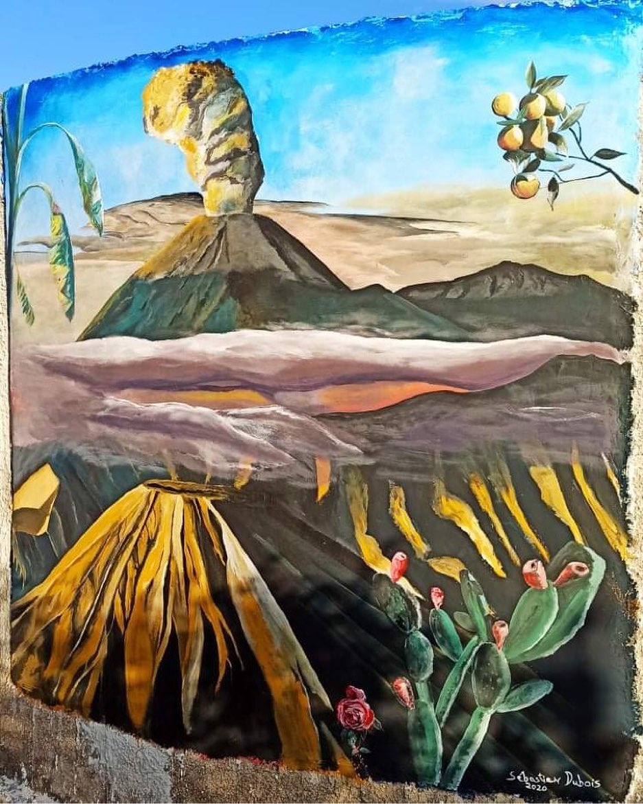 Peinture Enzo casa di Campagna représentant un paysage sicilien stylisé avec relief volcanique, fleurs et agrumes.

