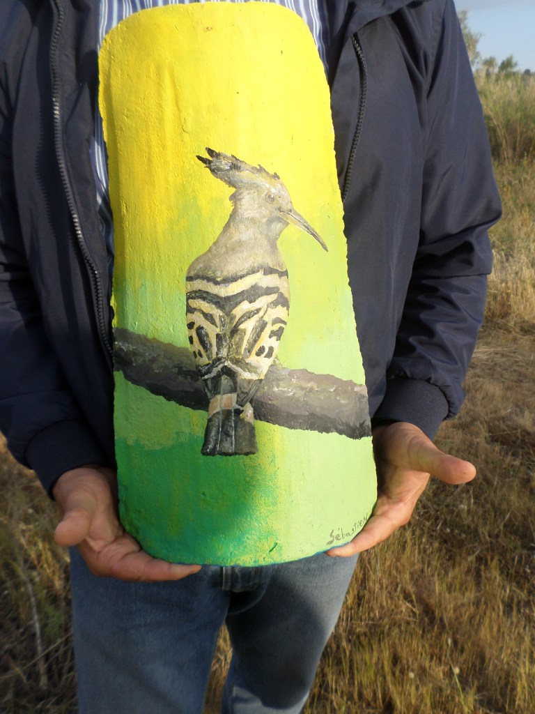 Peinture d’une huppe fasciée sur une ancienne tuile jaune et verte tenue à deux mains.
